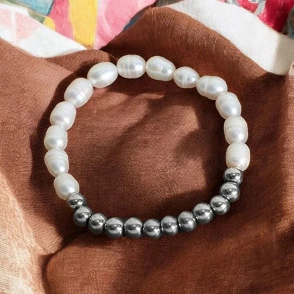 🆕 Boho Chic Minimalist White Gold Plated Beaded Stretch Bracelet with Pearls - Picture 1 of 10